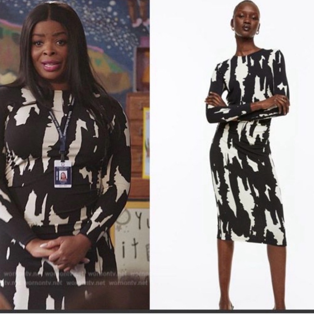 H&M Black White Abstract Print Ruched Midi Dress Long Sleeve Small